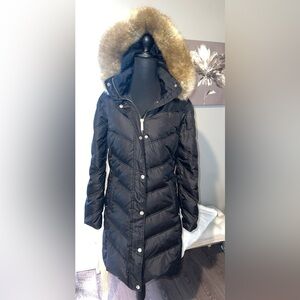 Michael Kors Black Quilted Down Puffer Coat with Faux Fur Trim Hood